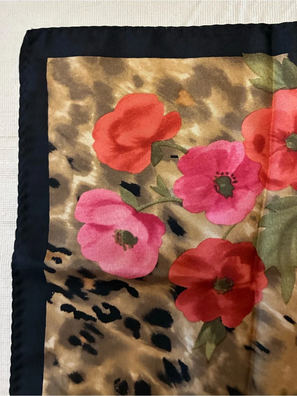 Oscar de la Renta Pink and Red Floral on Leopard Silk Scarf